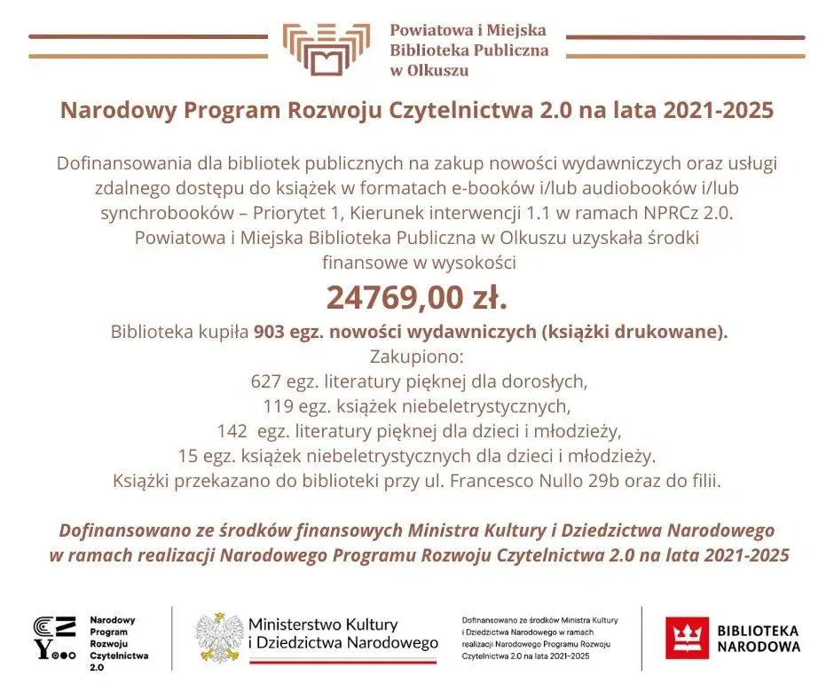 DOFINANSOWANIE DLA BIBLIOTEK W RAMACH REALIZACJI NARODOWEGO PROGRAMU ROZWOJU CZYTELNICTWA 2.0